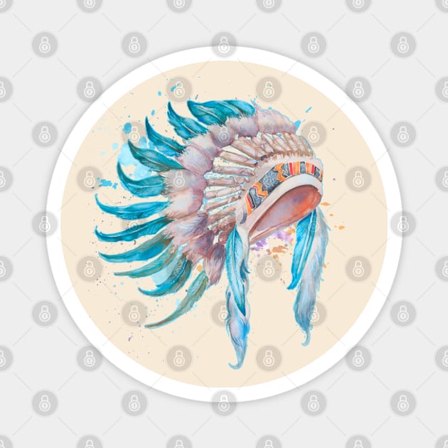 Native American Indian Chief Headdress Watercolor Art Magnet by Irene Koh Studio